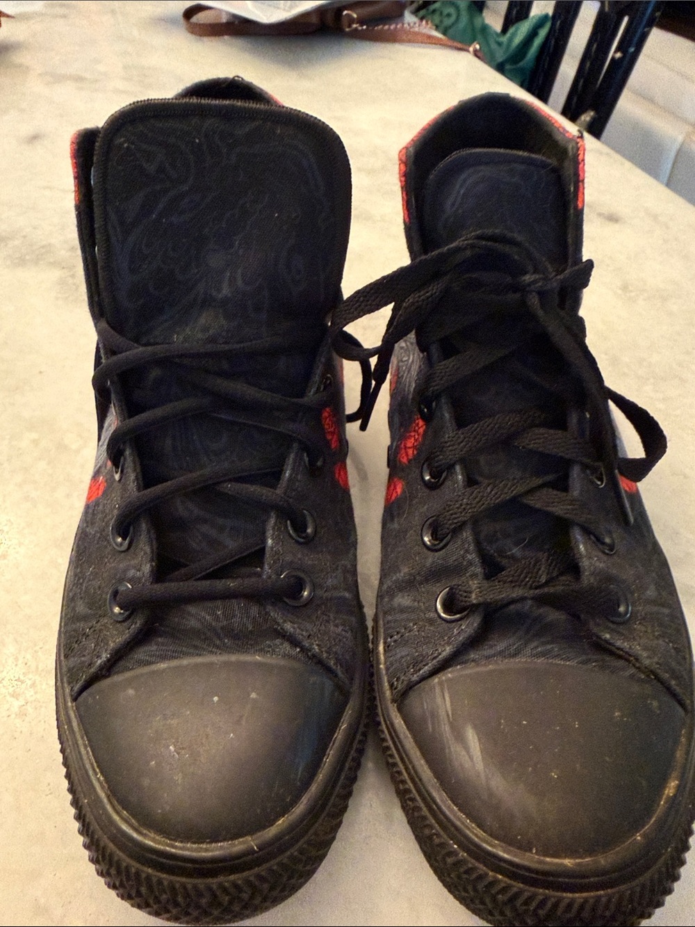 Urban Black High-Top Sneakers with Red Floral & Grey Koi Fish and Flower Artwo